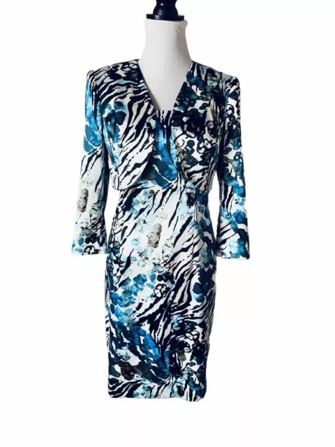 KASPER SHEATH DRESS Suit Ocean Abstract Blue Satin Sz 8 Bolero Style ...
