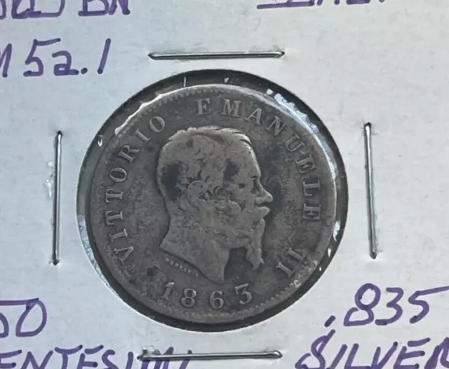 1863 M BN Italy 1 One Lira - Shield Reverse - Silver