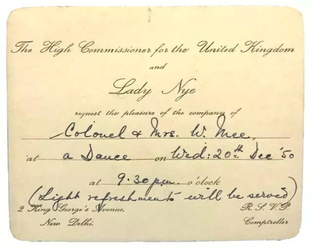 Vintage Invitation High Commissioner United Kingdom Lady Nye New Delhi 1950.