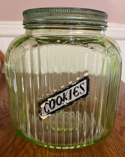 Vtg 1930's Hoosier Lrg 8" Cookie Jar Ribbed Green Depression Glass Canister Lid