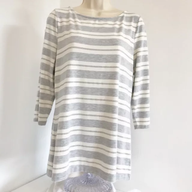 Allen B Womens Blouse Size L Soft Gray White Stripe 3/4 Open Sleeves Pullover