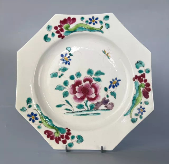 A mid 18thc Bow porcelain octagonal plate in famille rose style c.1755-60