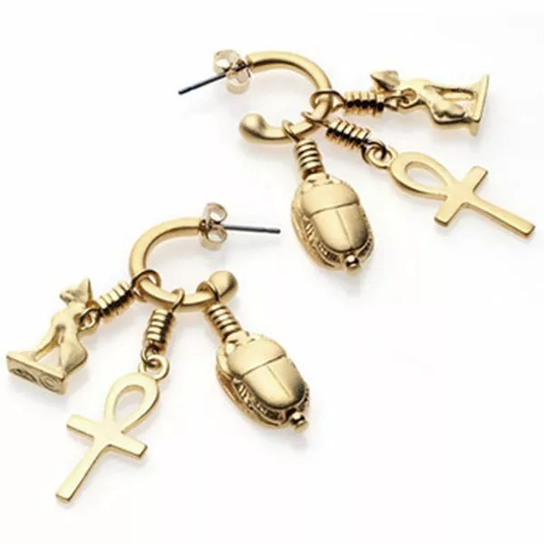 Egyptian Amulets Bastet, Ankh, Scarab Interchangeable Charms Hoop Earrings