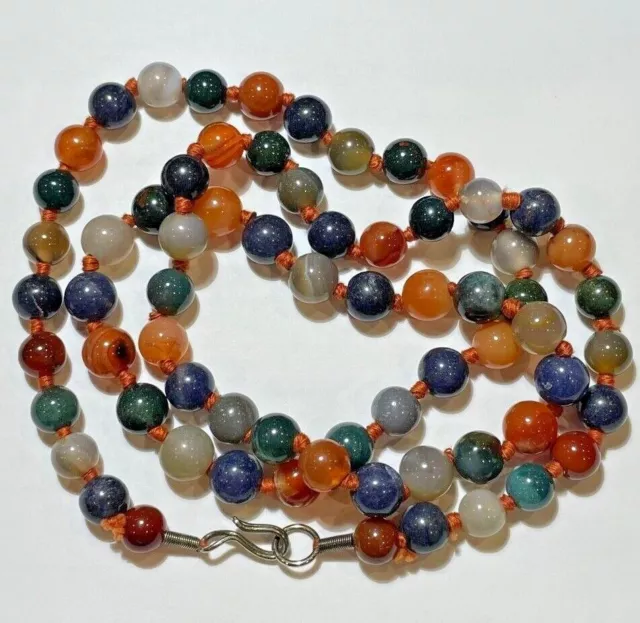 Vintage Chunky Knotted Carved Carnelian Agate Quartz Lapis Beads Necklace DE9