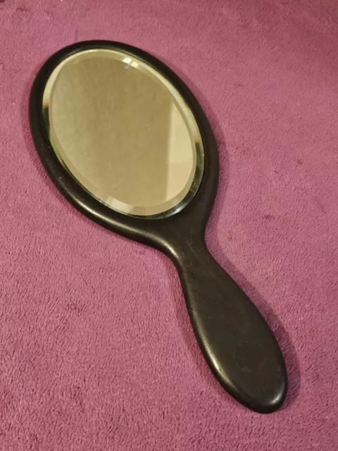 Vintage Real Ebony Hand Held Oval Vanity Mirror Bevelled Edge