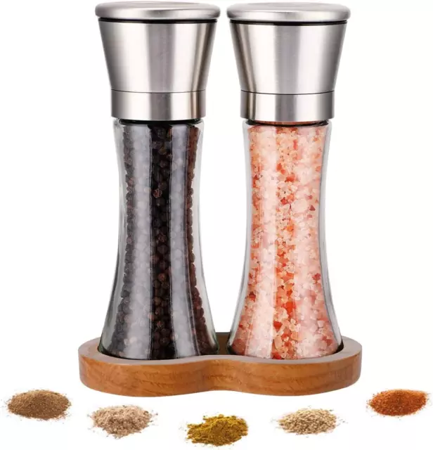 Salt and Pepper Shakers Adjustable Grinder Set Stainless Steel Mill Glass Spices