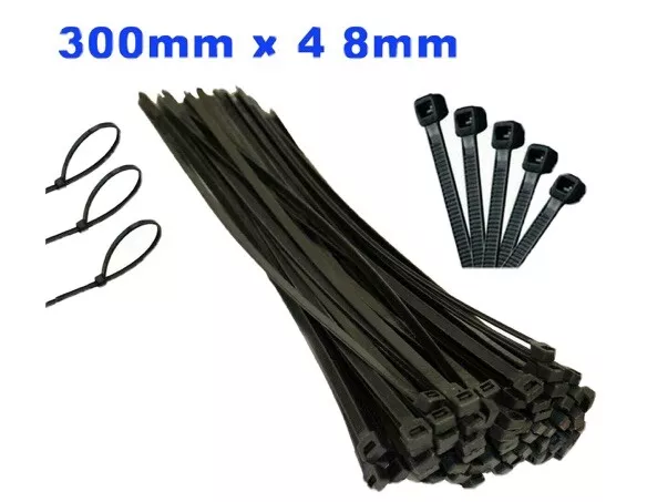 4 x 100 BLACK CABLE TIES 300MM X 4.8MM NYLON PLASTIC  ZIP TIE WRAPS Brand New