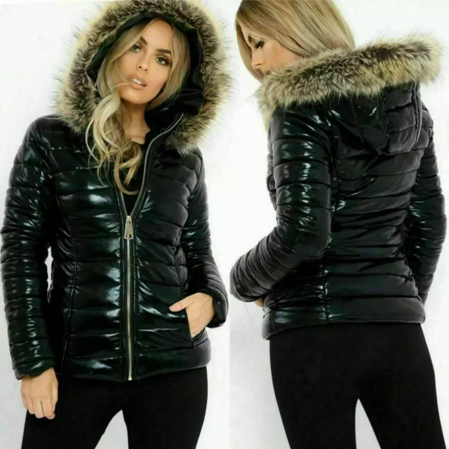 Ladies Womens Long Sleeve Quilted Wet Shiny Look Padded Puffer Fur Hooded Jacket