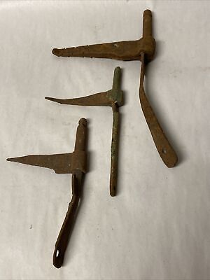 LOT OF 3 LARGER ANTIQUE FORGED WROUGHT IRON SHUTTER DOGS SPIKES STAYS Lot #19