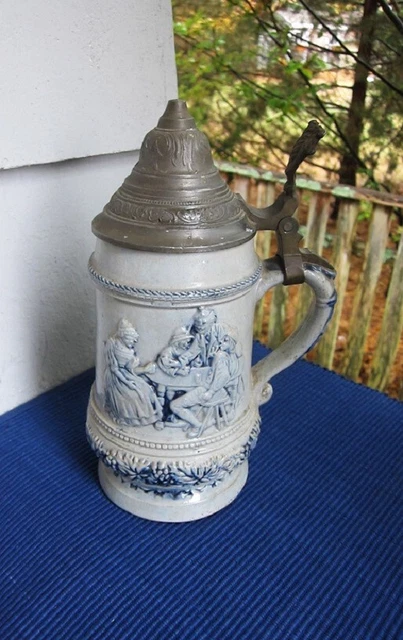 ANTIQUE STONEWARE WHITE'S UTICA STEIN #37--MEN AT TAVERN--NY Maker