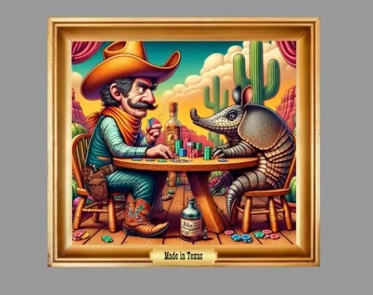 Texas Original Art Cowboy Armadillo Poker Game Die Cut Glossy Fridge Magnet