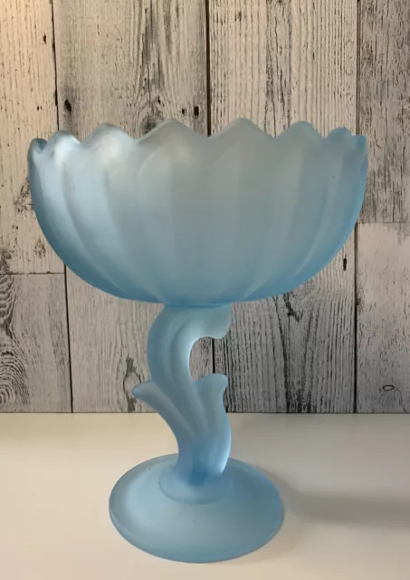 VTG Indiana Blue Frosted Glass Tulip compote satin Pedestal dish