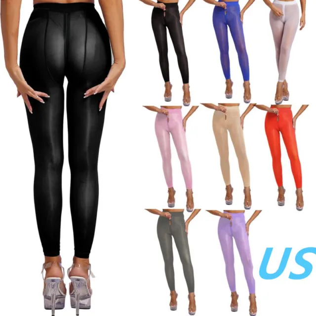 US Womens Sheer Glossy Pantyhose Hosiery Stockings Zipper Crotch Tights Pants
