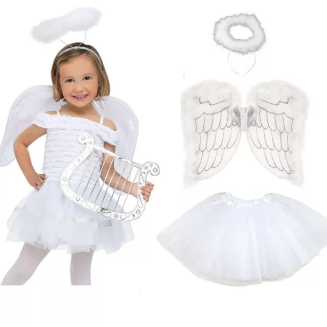 Kids Naivety Angel Fairy Wings Halo Fancy Dress Costume Christmas Party WHITE UK