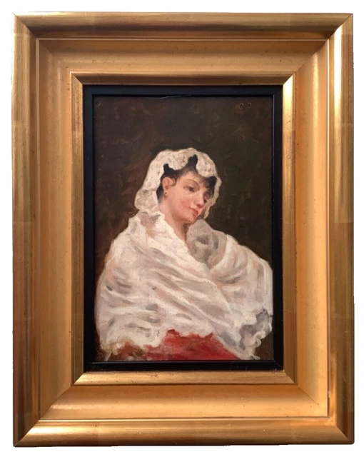 19th Century Impressionism Beautiful Portrait Young Lady with White Shawl Oil