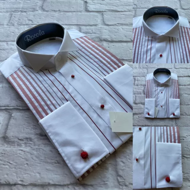 Rocola Evening Dress Shirt, White/Red, Double Cuff, Wing Collar, 14.5", 15",BNWT