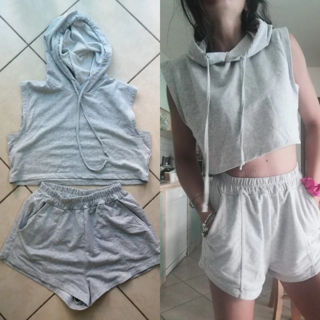 Coordinato Completo Tuta Donna Top Cappuccio Pantaloncini Vita Alta Grigio S M