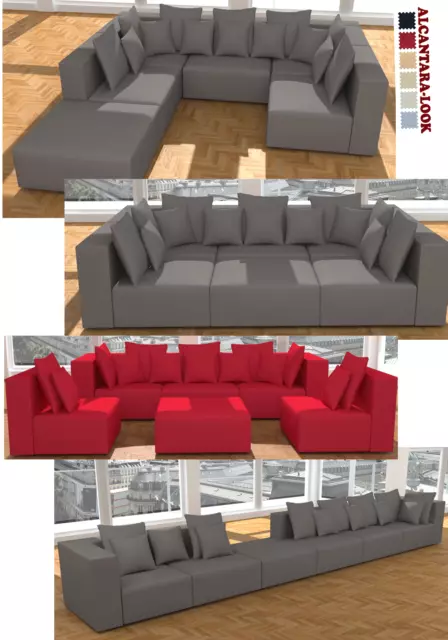 % WOHNLANDSCHAFT 6tlg MODULARES SOFA SESSEL HOCKER U FORM ALCANTARA LOOK FARBEN