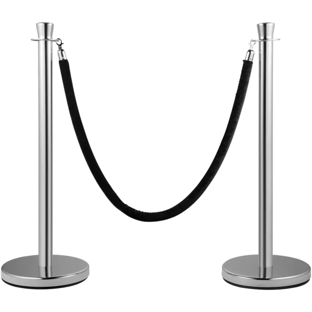 2 Pcs Crowd Control Stanchion Silver Queue Pole Barrier with Black Velvet Rope