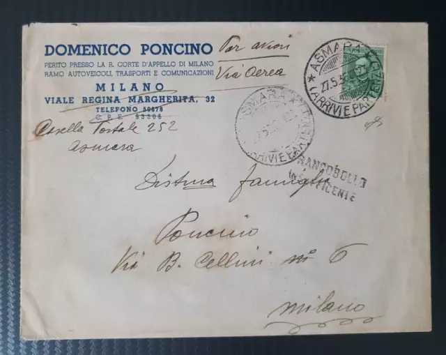 Colonie Eritrea L. 2,50 effigie V.E. III isolato su lettera da Asmara a Milano.