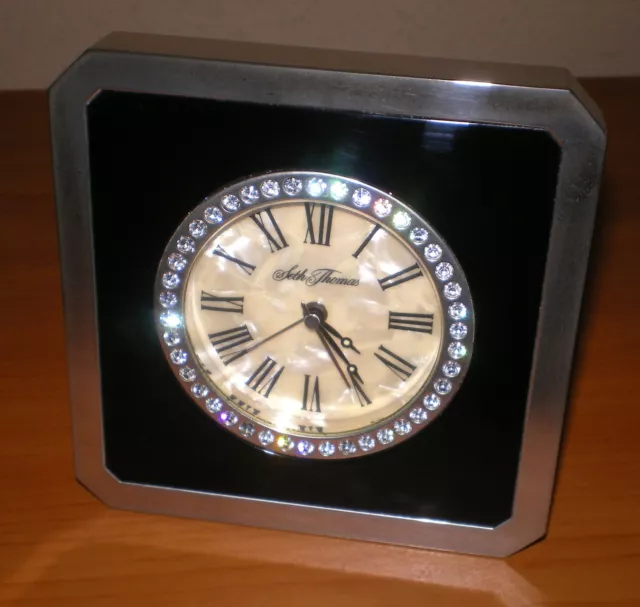 SETH THOMAS Black Inlay & Chrome ALARM Clock * MOP Dial + Diamonds 4" ART DECO