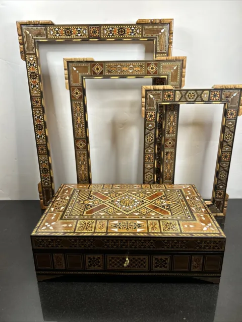 Syrian Damascus Inlaid Jewelry Box & Frame Set Rare Antique Early 1900’s 4 Piece