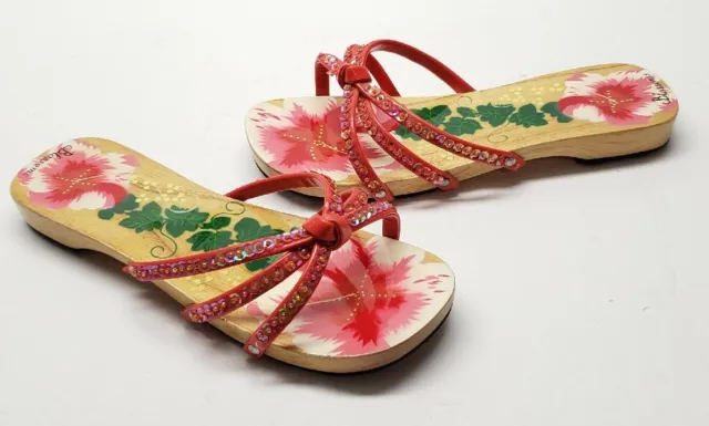 Women's Wooden Flower Sandals Flip Flops Sequins Blossoms SZ XL