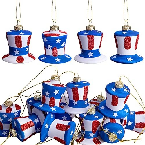 12Pcs Patriotic Glass Hat Ornament, July 4th Uncle Sam American Hat Ornament,