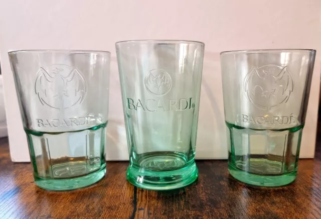 3×Single Bacardi Rum Mojito Cocktail Glasses Green Tinted Embossed Leaf Bat Logo