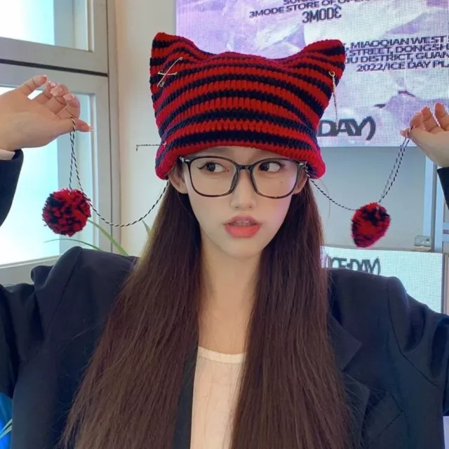 pointu Ins Petit Diable Chapeau japonais Beanie Rayé Bonnet tricoté en laine