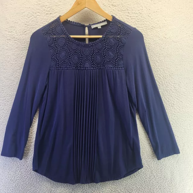 Daniel Rainn Blouse Womens Small Blue Crochet Long Sleeve Keyhole Back Rayon Top