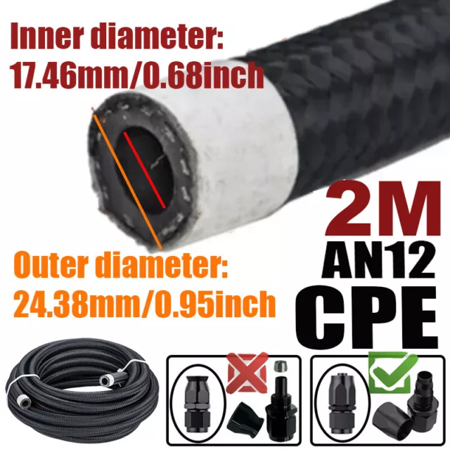 6.56FT AN12 12AN ID:0.68" Fuel Line Oil Hose Braided Nylon Stainless Steel CPE