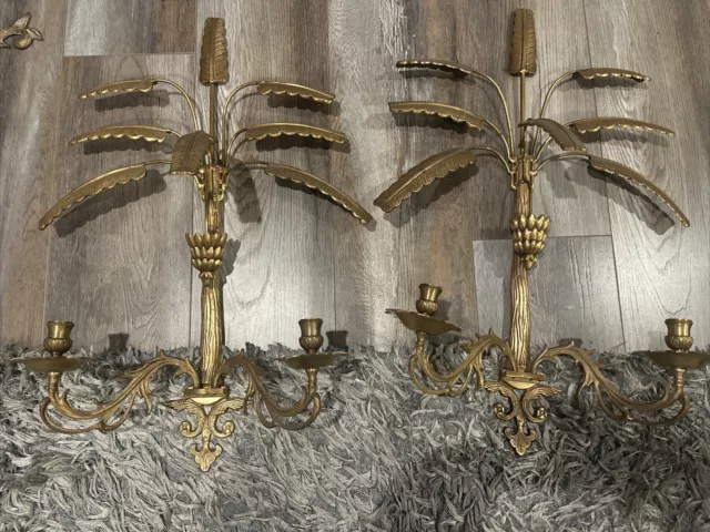 2 Htf Vintage Solid Brass Palm Tree Wall Sconce Large Palm Leaf Gilt Metal