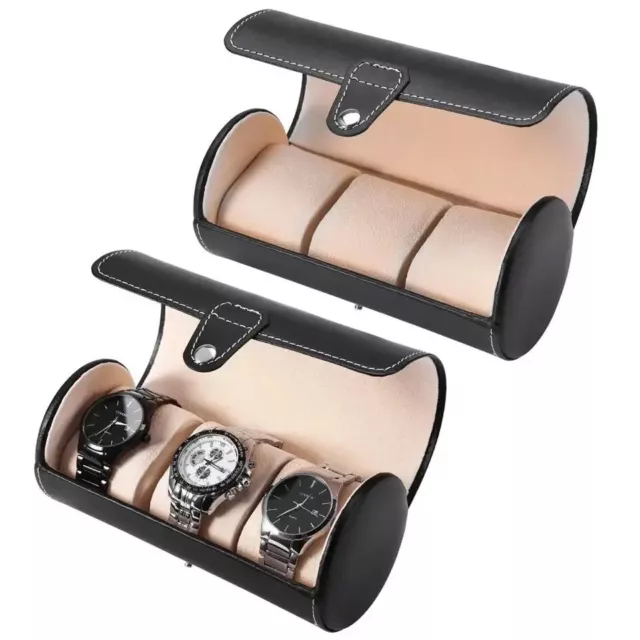 3-Slot Watch Roll Travel Case PU Leather Black Display Cylinder