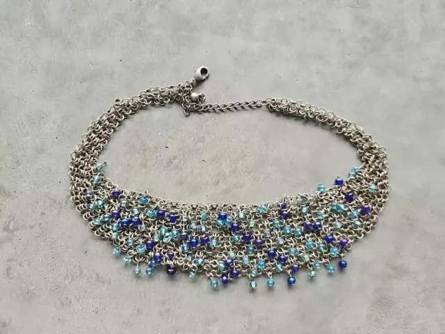 Adjustable Wide Silver Tone Chain Necklace / Choker with Blue Glass Beads