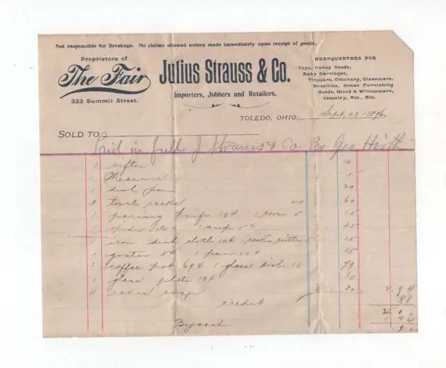 1896 Sales Receipt Julius Strauss Toledo Ohio Letterhead Ephemera Home Goods Vtg