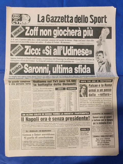 Gazzetta Dello Sport 2 Juin 1983 – Annonce Zico à L'Udinese, Bettega Toronto