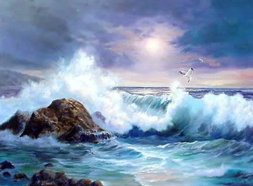 Dream-art Oil painting seascape ocean waves with rock sea birds in sunset 36"