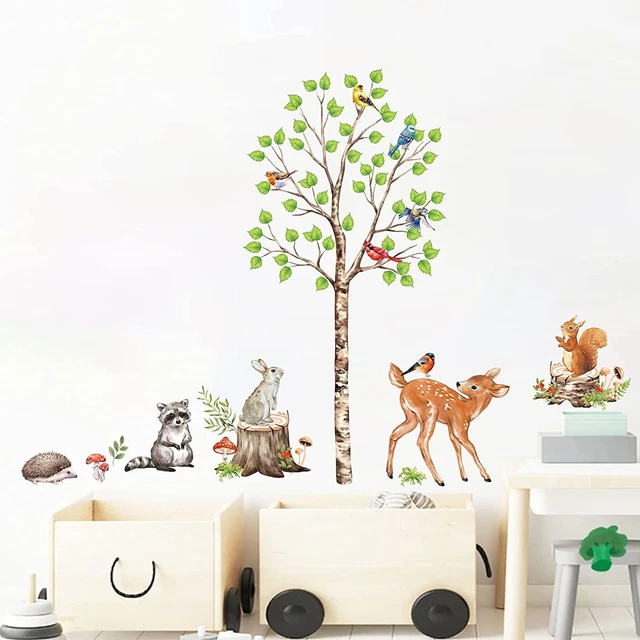 decalmile Woodland Animal Wall Decals Birch Tree Squirrel Deer Multi