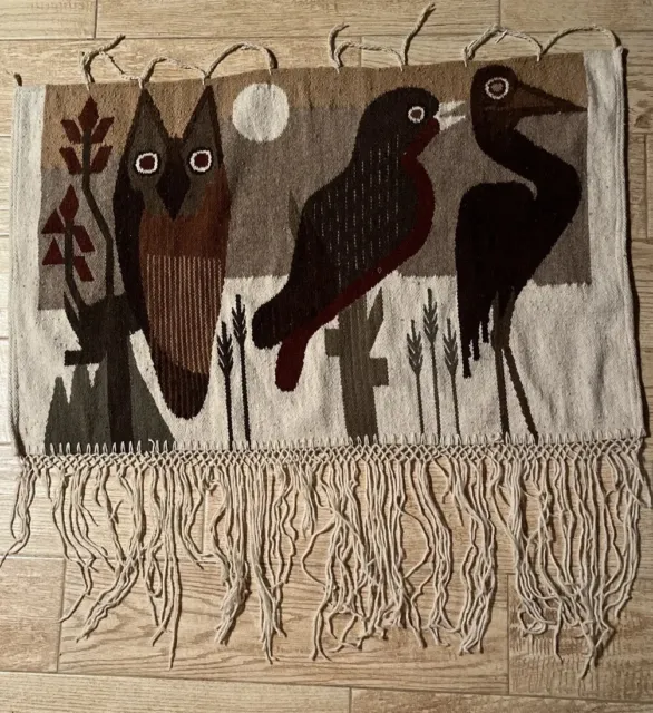 Owl/bird Wall Hanging Wool Textile Neutral Fringed Vintage 18x35”