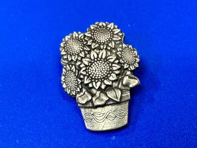 Flower pot vintage birds and blooms pewter pin