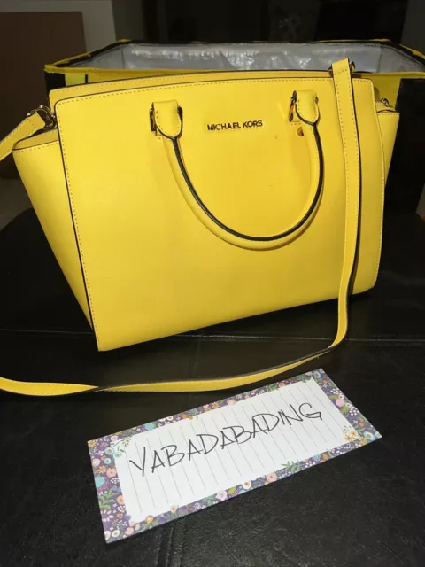 New Michael Kors Selma Satchel Saffiano Vint Yellow Leather Large Crossbody