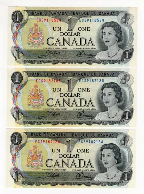 Lot Of 3 Consecutive 1973 Bank Of Canada One 1 Dollar Bank Notes Nice Bills