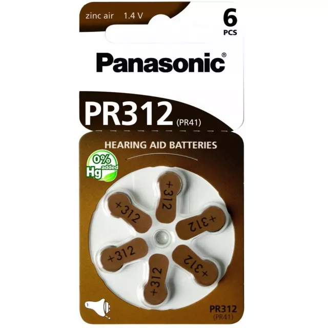 Pack 6 Pilas Boton Marron PANASONIC 312 PR41 de 1,4V Blister Audifonos b94