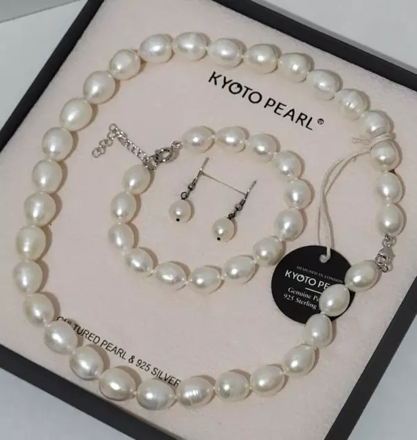 Kyoto Perle Süßwasser Weiße Perle 16" Silber Halskette Armband Ohrringe Set Neu