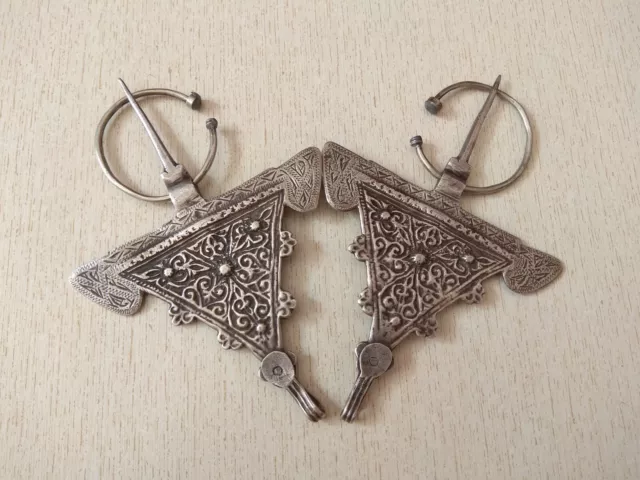 Pair of Antique Silver Berber Fibulae "TIZERZAI" from Morocco with Hallmark