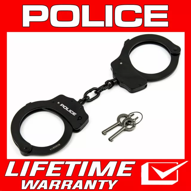 POLICE Handcuffs Professional Double Lock Black Steel Heavy Duty Metal w/ Keys