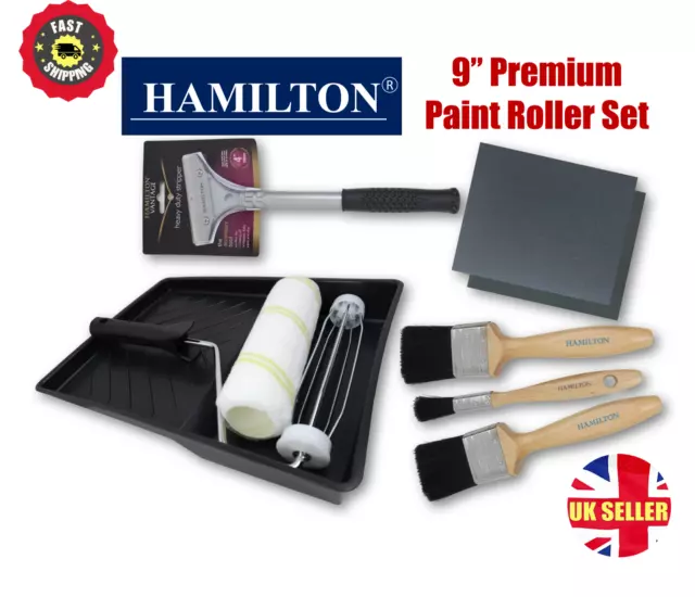 9 Pcs Hamilton 9" Paint Roller Tray Brush Set Gloss Natural Bristle Painting Kit
