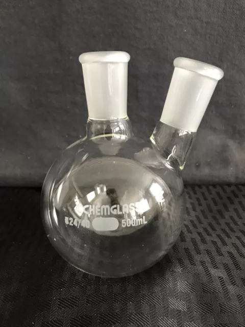 CHEMGLASS Glass 500mL 24/40 Angled 2-Neck Round Bottom Flask CG-1520-10