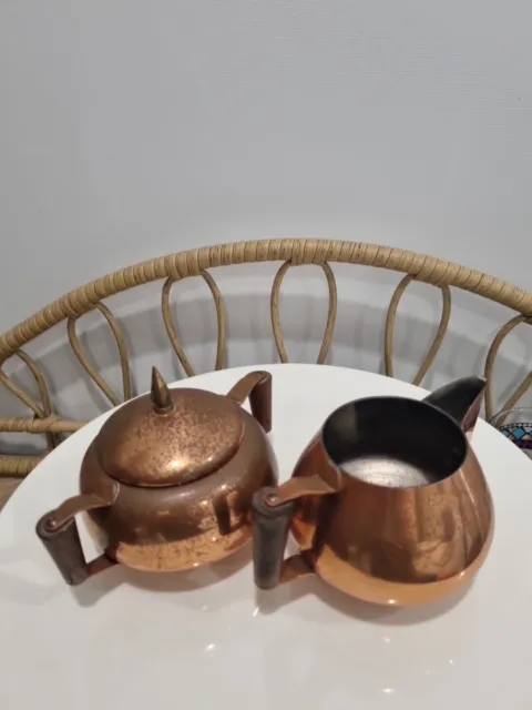 Vintage Copper Italian Milk Jug And Sugar Bowl With Wooden Handles